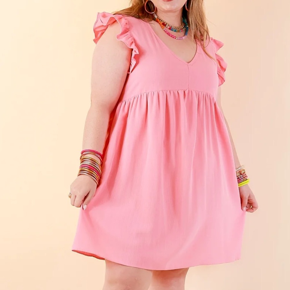 Pink Ruffle Sleeve V-Neck Women's Dress